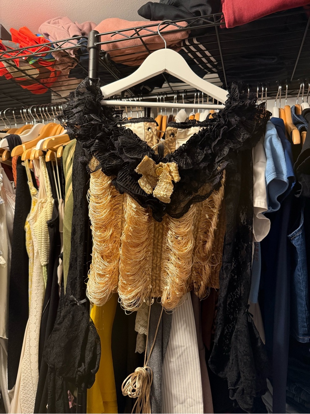 Black & Gold Fringe Crop Top with Ruffle Neckline